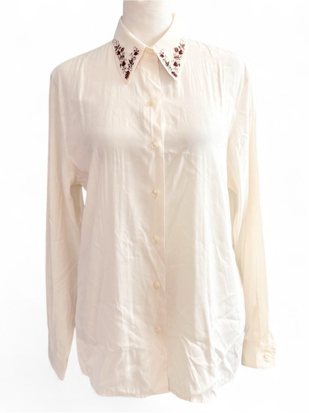 Vintage Pendleton Cream Button-Up Blouse, Embroidered Floral Vine Collar